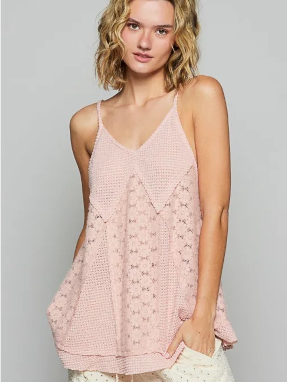 🌸 POL Dusty Rose Lace Crochet Boho Swing Tank Top Size M NWOT